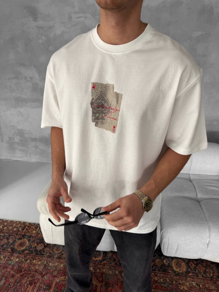 Men's Front and Back Printed Oversize Crew Neck T-shirt - White