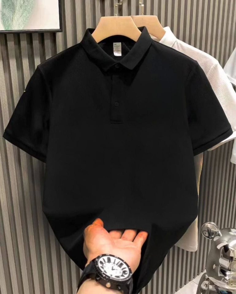 Polo Collar Buttoned Pike Plain T-Shirt - Black