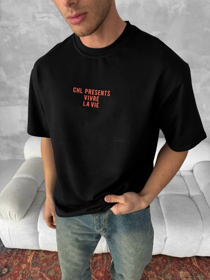 Front and Back Printed Oversize Crew Neck T-shirt - Black
