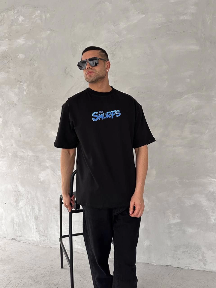 Front and Back Printed Oversize Crew Neck T-shirt - Black