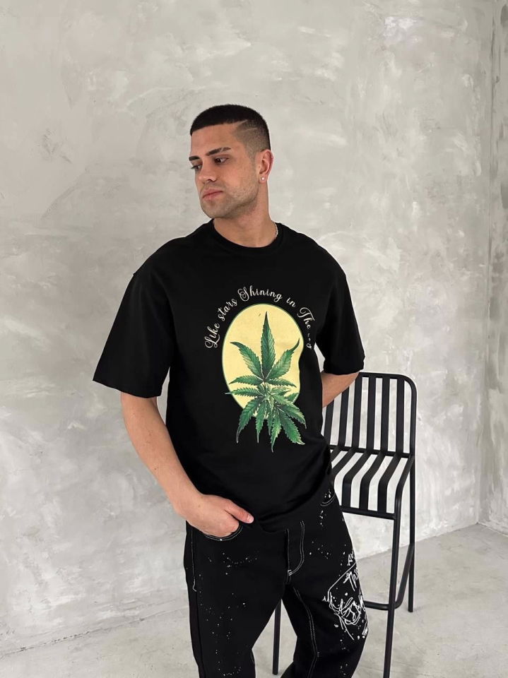 Front and Back Printed Oversize Crew Neck T-shirt - Black
