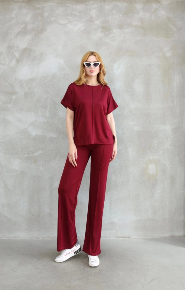 Osy Modal Soft Textured Fabric Crew Neck Short Sleeve Set - Burgundy