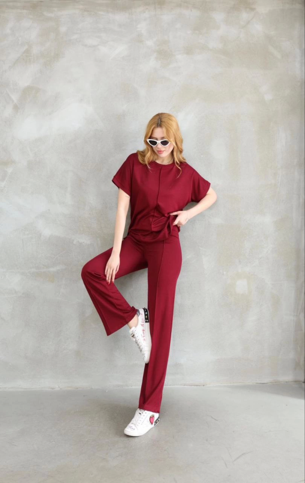 Osy Modal Soft Textured Fabric Crew Neck Short Sleeve Set - Burgundy