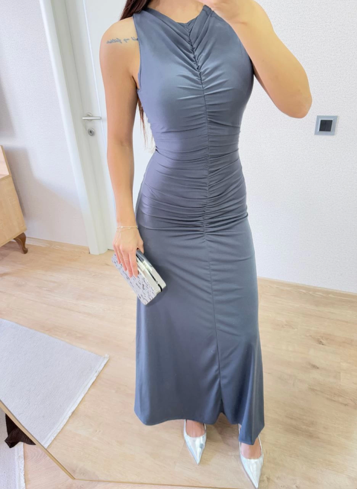 Sleeveless Ruched Long Dress - Charcoal