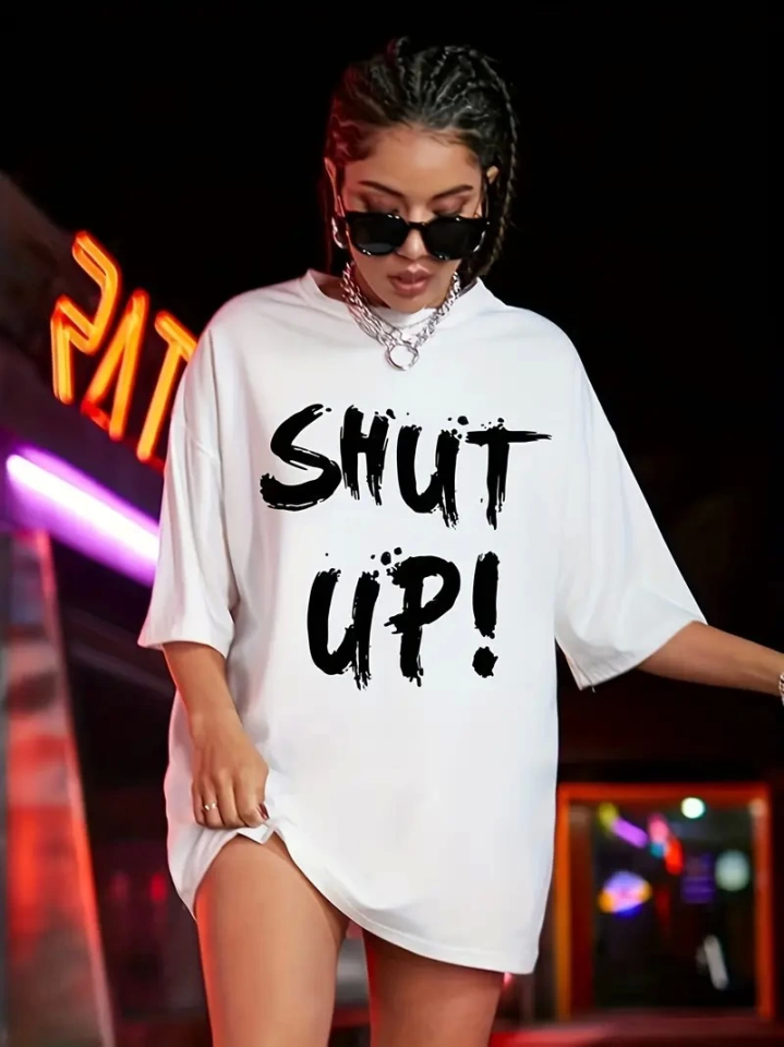 Baskılı Oversize Bisiklet Yaka T-shirt - Beyaz