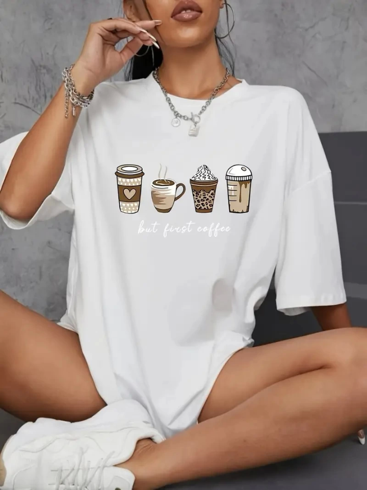 Baskılı Oversize Bisiklet Yaka T-shirt - Beyaz
