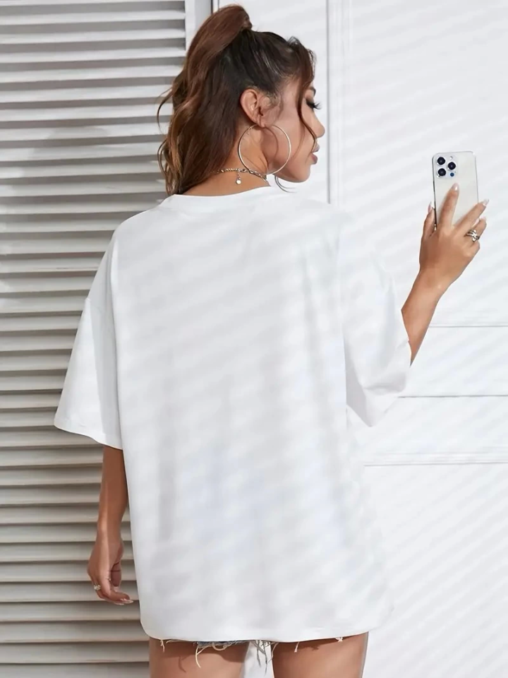 Baskılı Oversize Bisiklet Yaka T-shirt - Beyaz