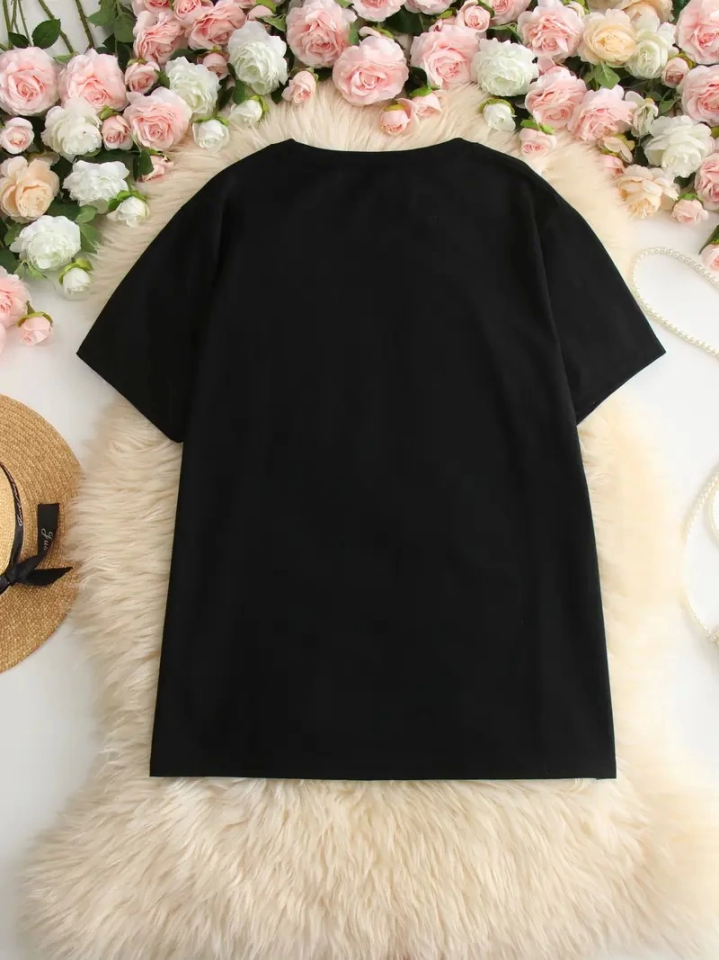 Baskılı Oversize Bisiklet Yaka T-shirt - Siyah