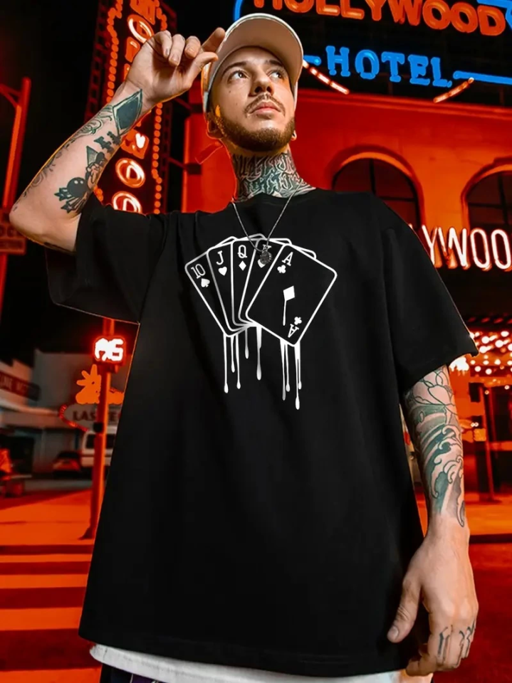 Men's Plus Size Card Print Solid Color Short Sleeve Crew Neck T-shirt Casual Wear - Black