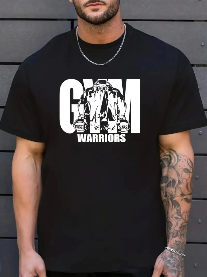 Gym Printed Oversize Crew Neck Men's T-shirt for Sports and Daily Wear - Black