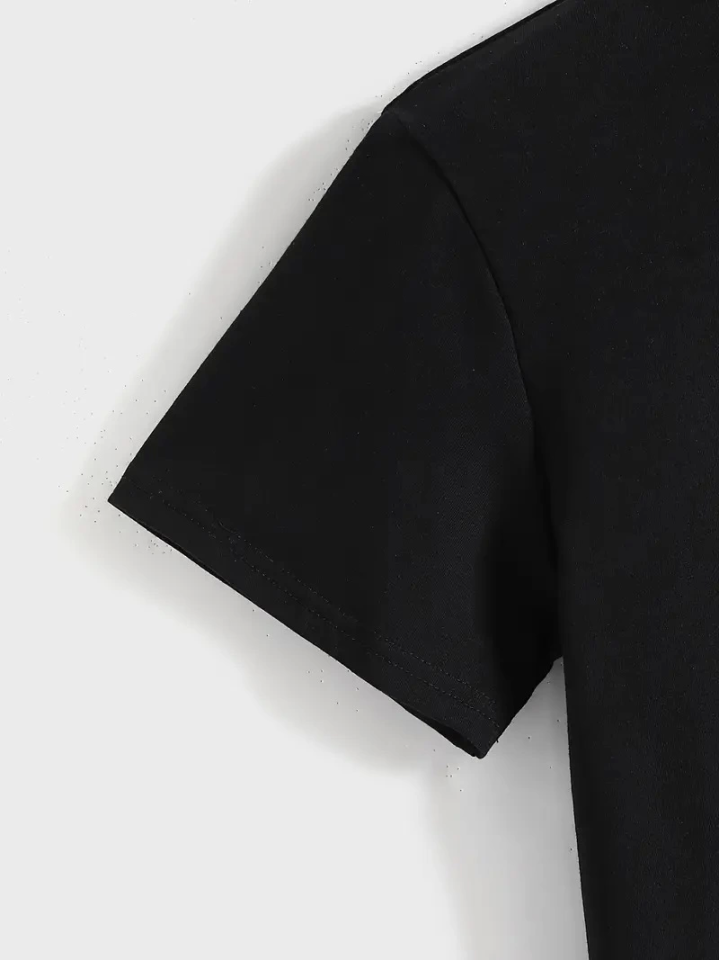 Baskılı Oversize Bisiklet Yaka T-shirt - Siyah