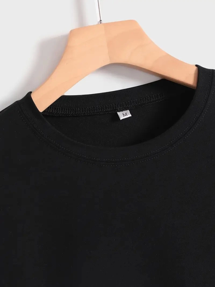 Baskılı Oversize Bisiklet Yaka T-shirt - Siyah