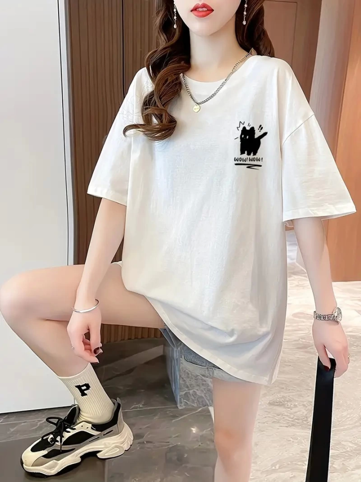 Baskılı Oversize Bisiklet Yaka T-shirt - Beyaz