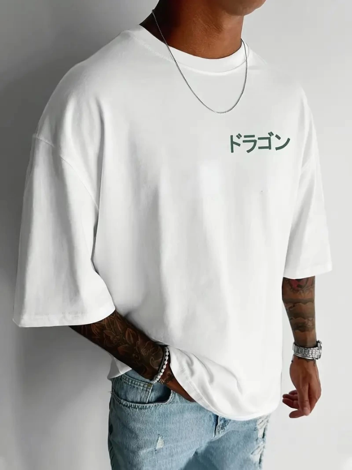 Baskılı Oversize Bisiklet Yaka T-shirt - Beyaz