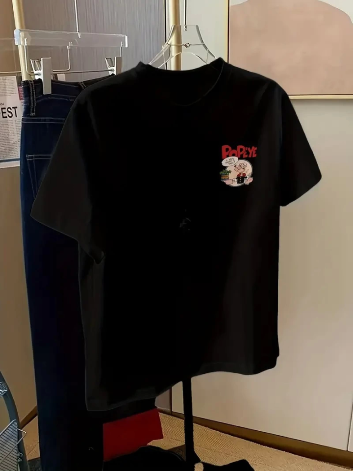 Baskılı Oversize Bisiklet Yaka T-shirt - Siyah