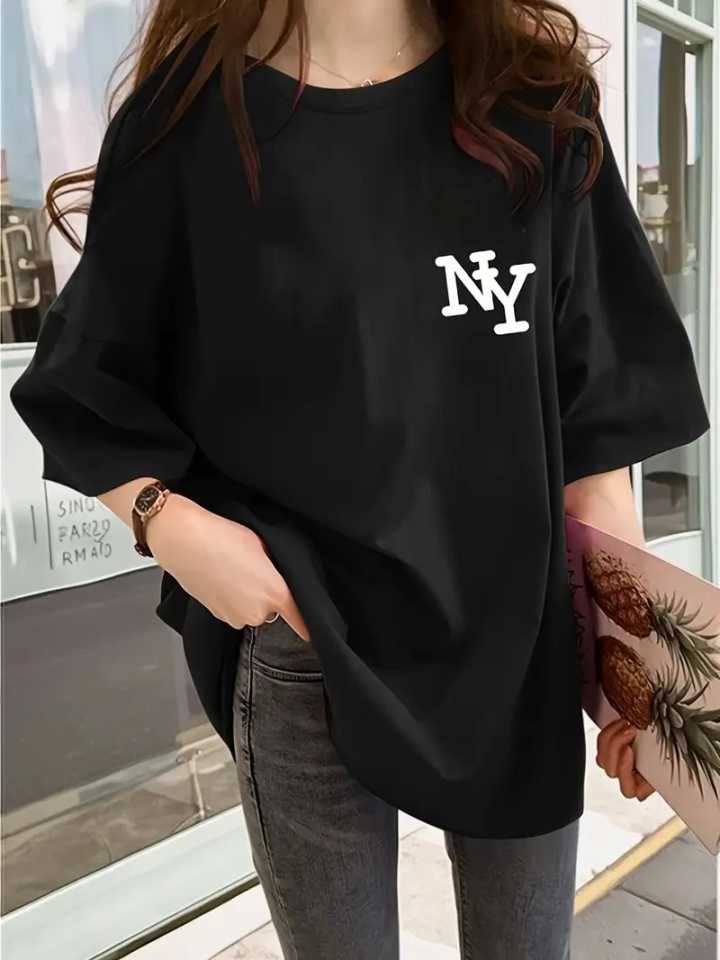 Printed Oversize Crew Neck T-shirt - Black