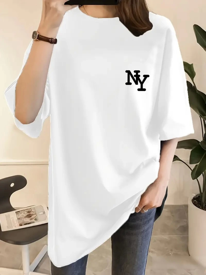 Baskılı Oversize Bisiklet Yaka T-shirt - Beyaz
