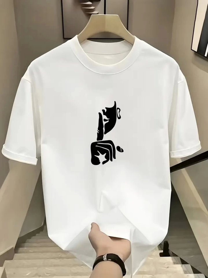 Comfortable Crew Neck T-shirt, Creative Cartoon Print - Soft Polyester, Suitable for All Seasons - White