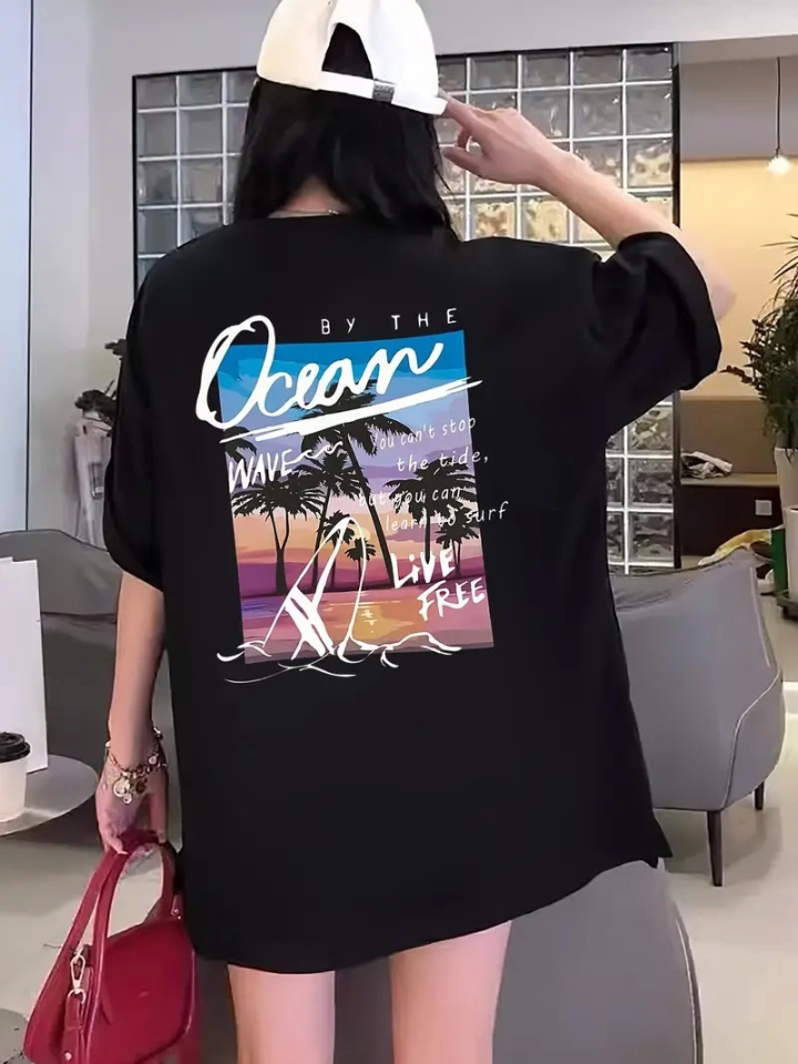 Wide Fit T-shirt for Women - Short Sleeve, Loose Fit, Ocean View Print, Casual Summer Top, Black - Black