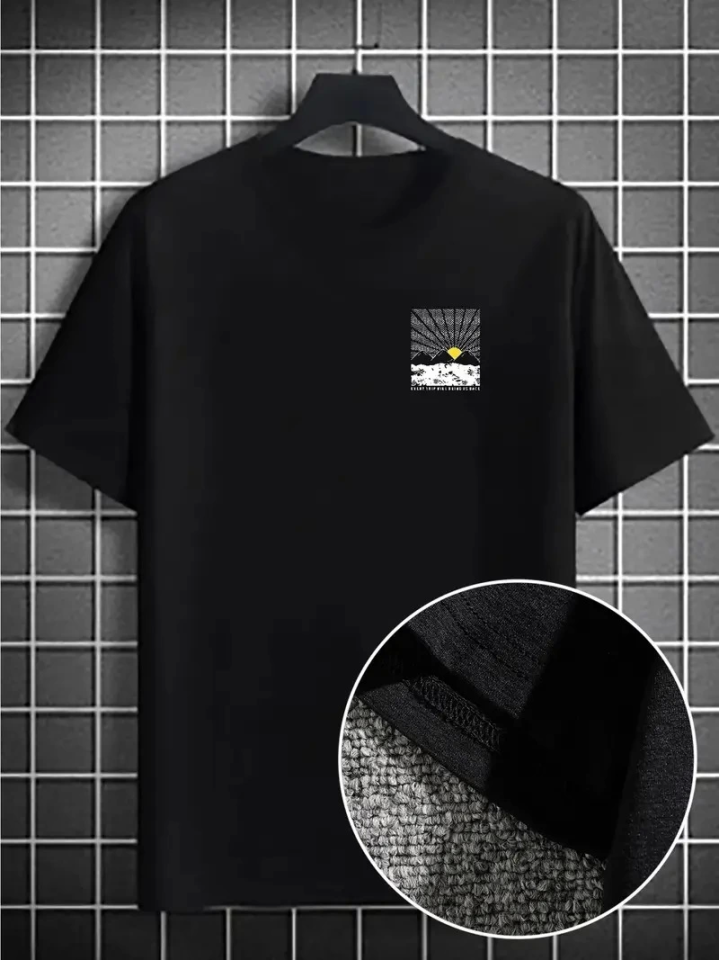 Men's Mountain Graphic T-shirt, Large Size Comfortable T-shirt for Summer - Black