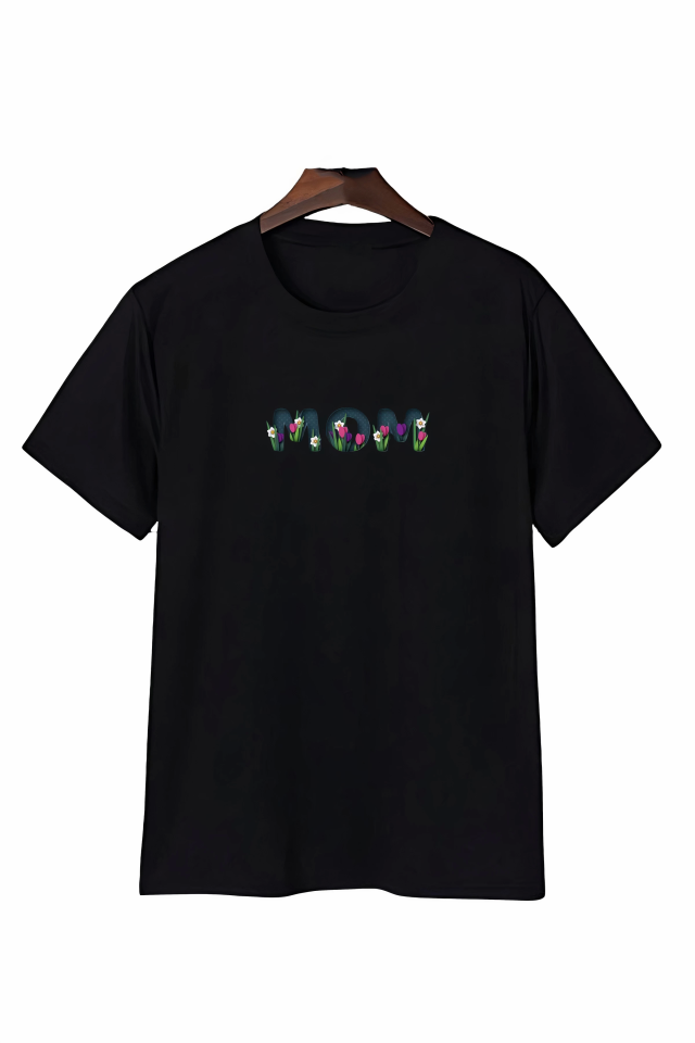 Anneler Gününe Özel Tasarım Mom Çiçek Baskılı T-shirt - Siyah