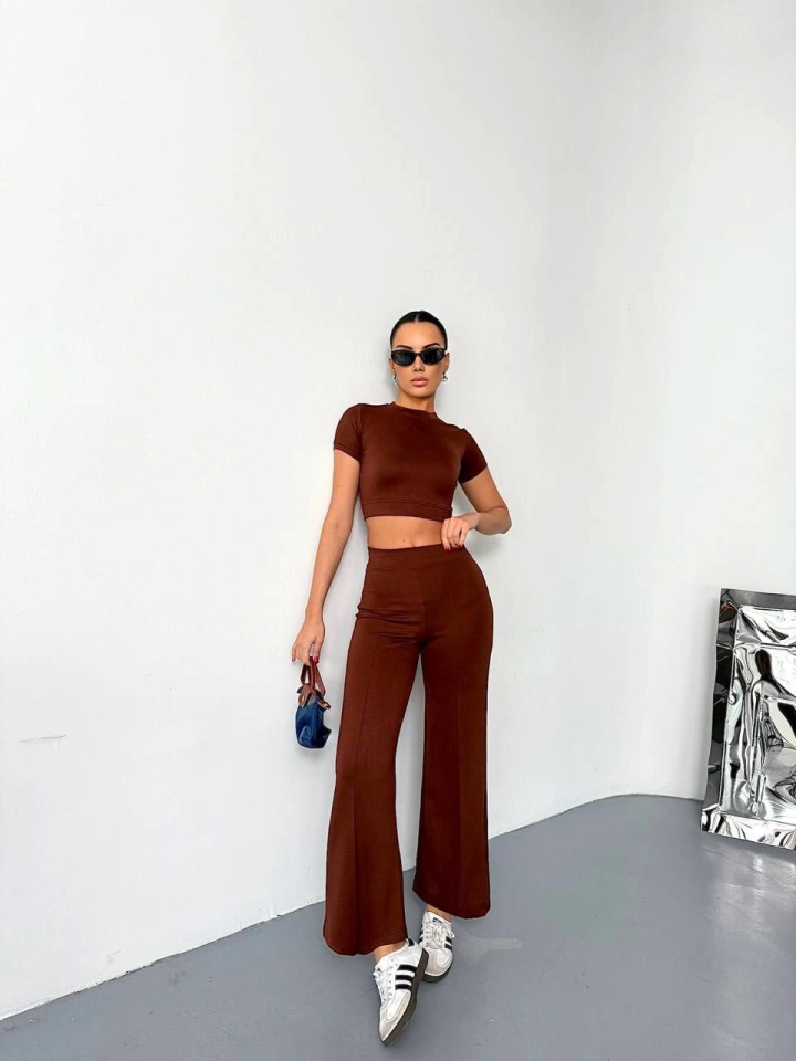 Osy Modal Soft Textured Fabric Short Sleeve Crop Top and Spanish Flared Pants Two-Piece Set - Brown