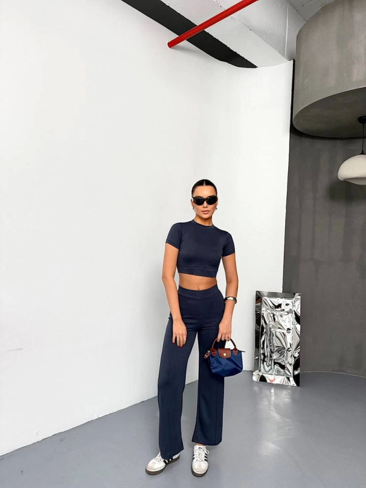 Osy Modal Soft Textured Fabric Short Sleeve Crop Top and Spanish Flared Pants Two-Piece Set - Smoke Gray