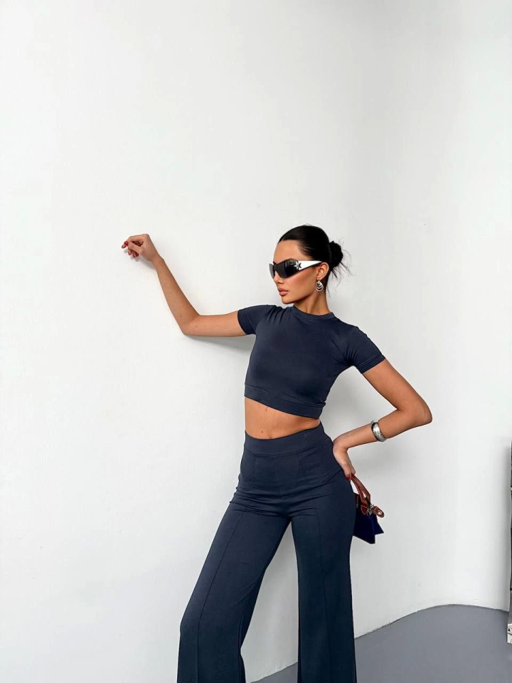 Osy Modal Soft Textured Fabric Short Sleeve Crop Top and Spanish Flared Pants Two-Piece Set - Smoke Gray