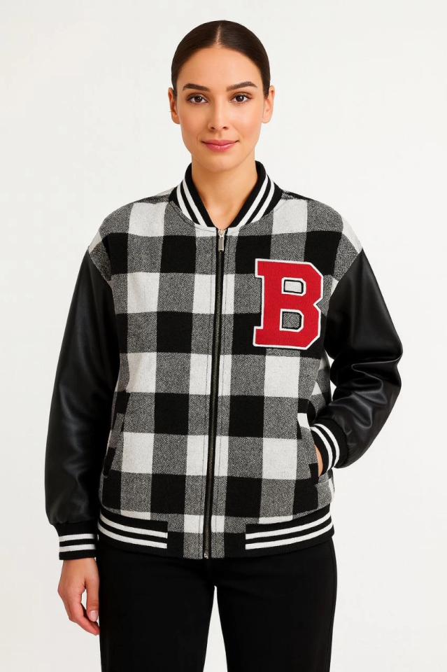 Flannel College Jacket with Faux Leather Sleeves and Lining - Gray