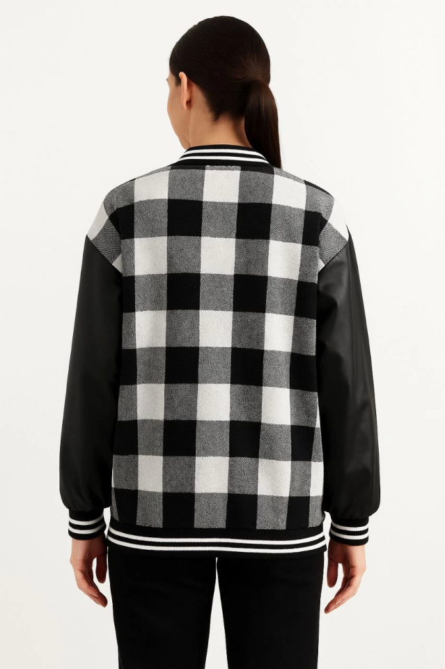 Flannel College Jacket with Faux Leather Sleeves and Lining - Gray