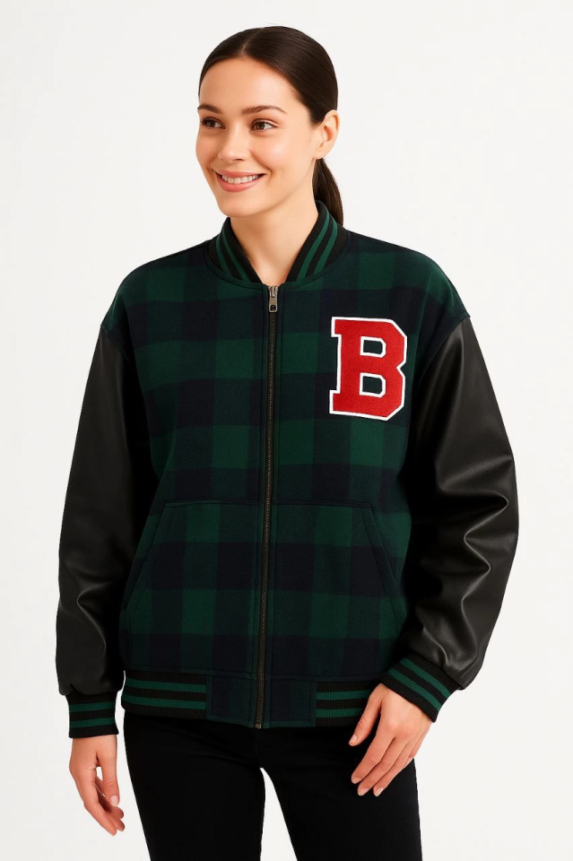 Flannel College Jacket with Faux Leather Sleeves and Lining - Khaki