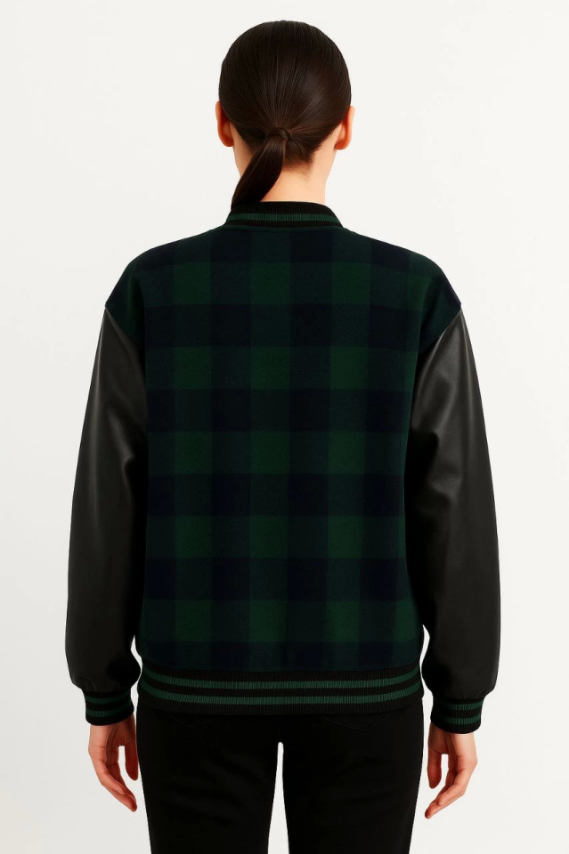 Flannel College Jacket with Faux Leather Sleeves and Lining - Khaki