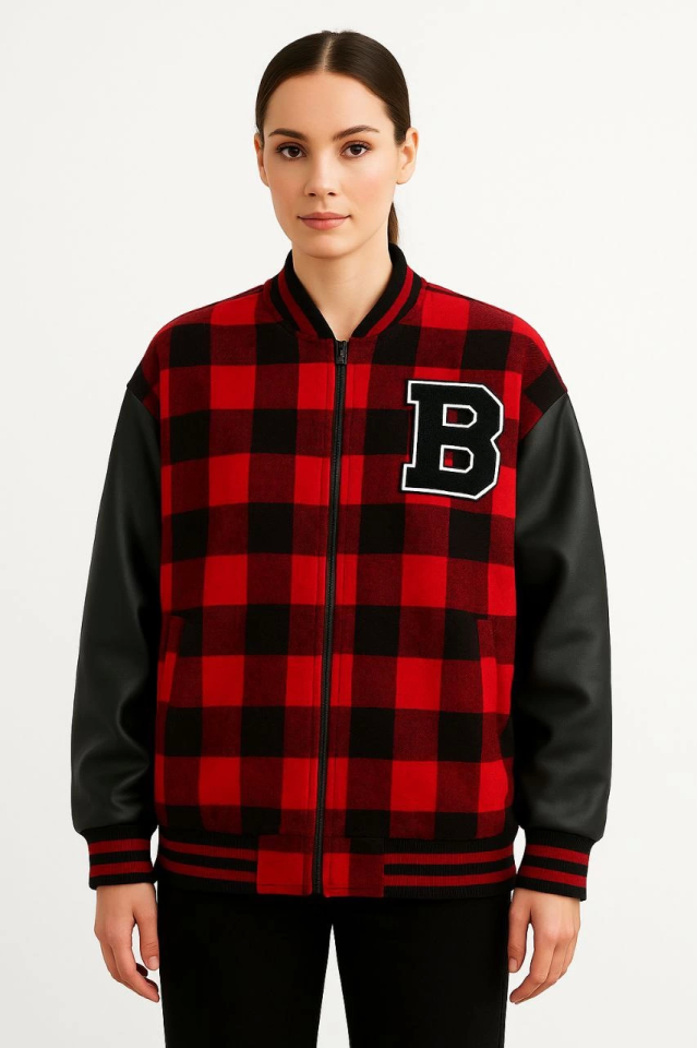 Flannel College Jacket with Faux Leather Sleeves and Lining - Burgundy