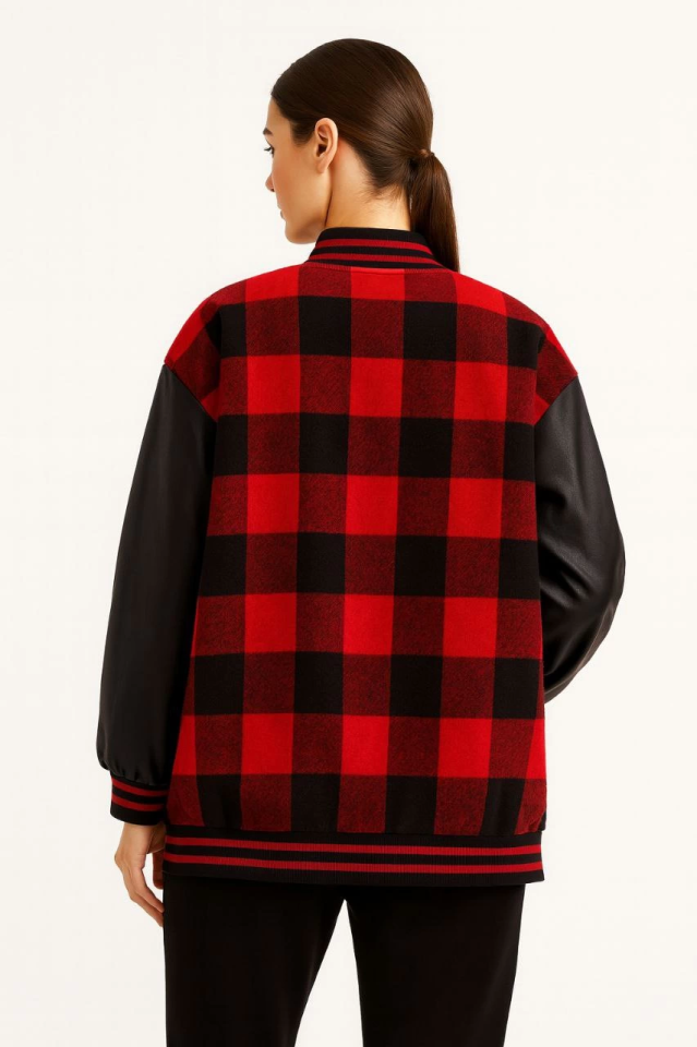 Flannel College Jacket with Faux Leather Sleeves and Lining - Burgundy