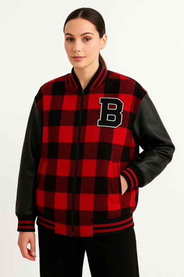 Flannel College Jacket with Faux Leather Sleeves and Lining - Burgundy
