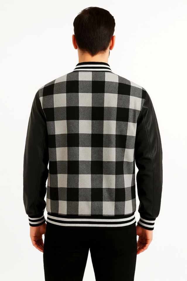 Flannel College Jacket with Faux Leather Sleeves and Lining - Gray