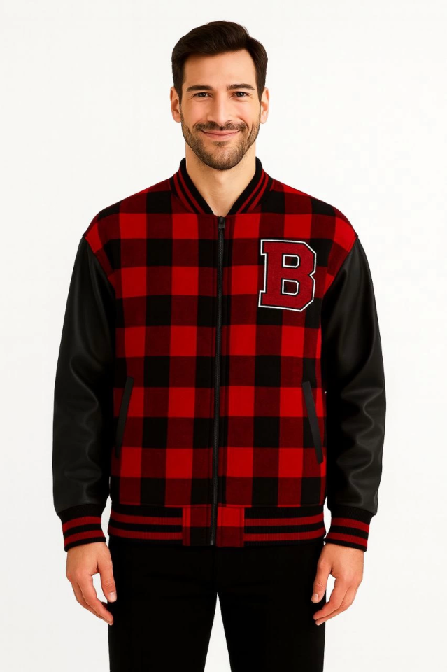 Flannel College Jacket with Faux Leather Sleeves and Lining - Burgundy