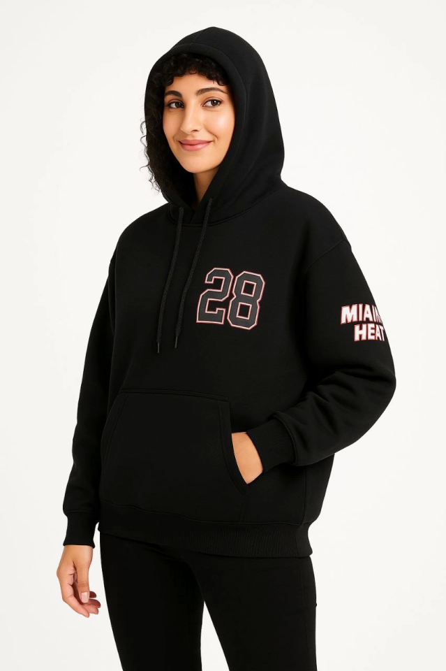 Three-Thread Hooded Sweatshirt Hoodie with Front and Back Print - Black
