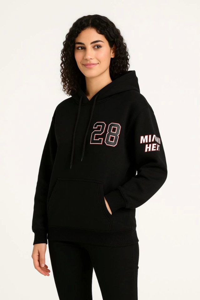 Three-Thread Hooded Sweatshirt Hoodie with Front and Back Print - Black
