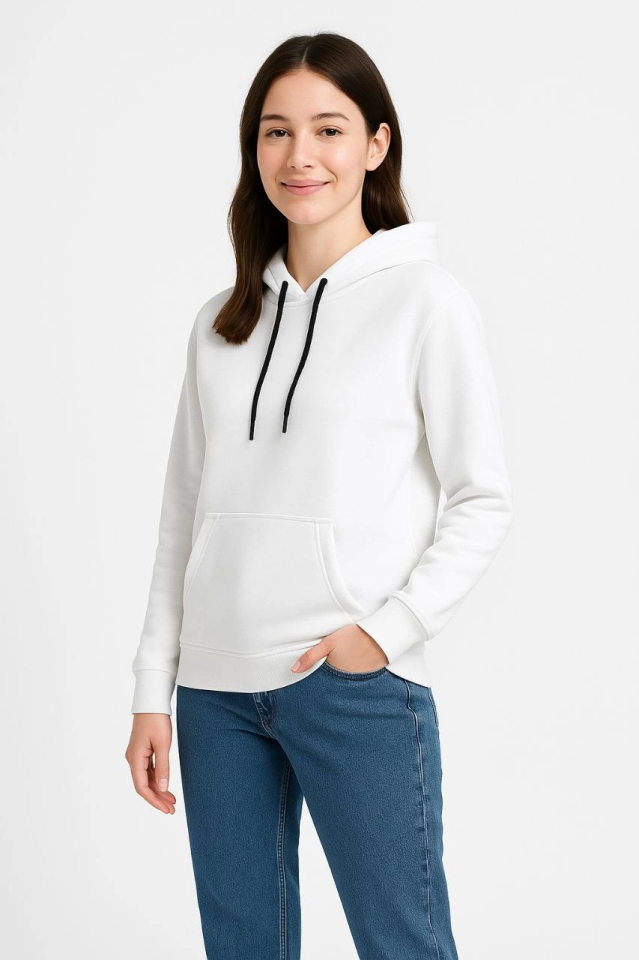 Üç İplik Kapüşonlu Kanguru Çepli SweatShirt Hoodie - Beyaz