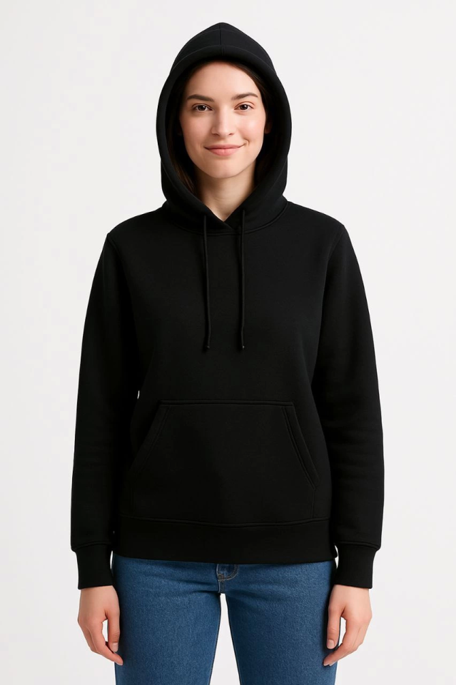 Triple Thread Hooded Kangaroo Pocket Sweatshirt Hoodie - Black