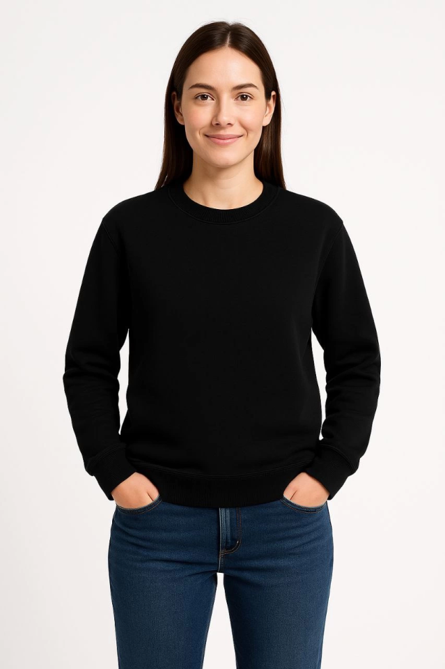 Üç İplik Düz Bisiklet Yaka SweatShirt - Siyah