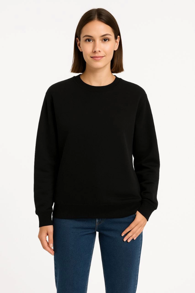 Üç İplik Düz Bisiklet Yaka SweatShirt - Siyah