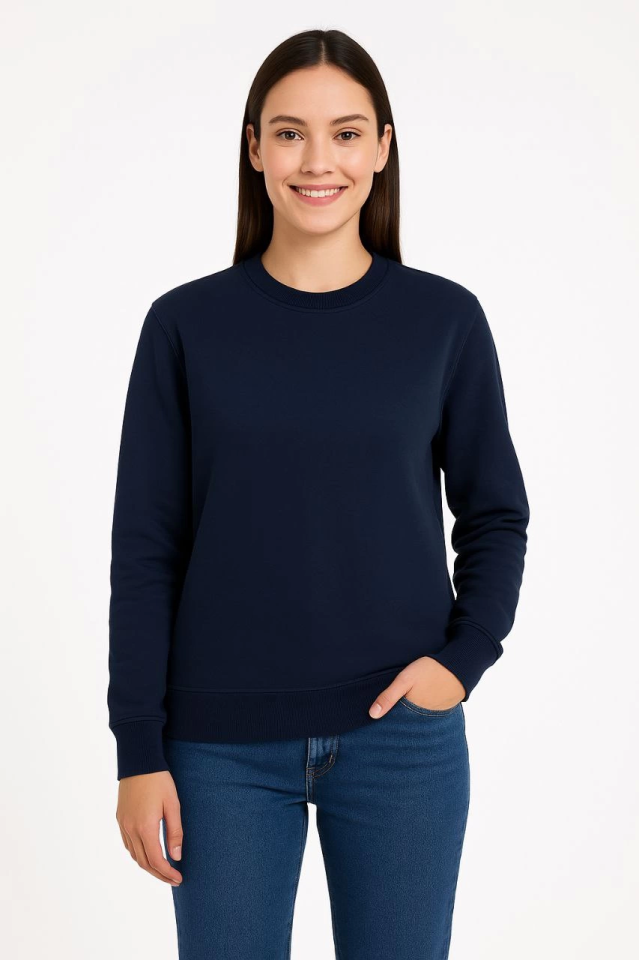 Üç İplik Düz Bisiklet Yaka SweatShirt - Lacivert
