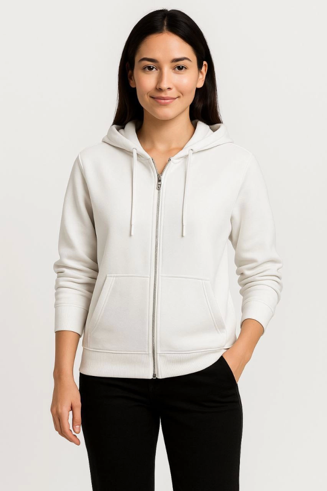 Üç İplik Kapüşonlu Tam Fermuarlı Kanguru Çepli SweatShirt Hoodie - Beyaz