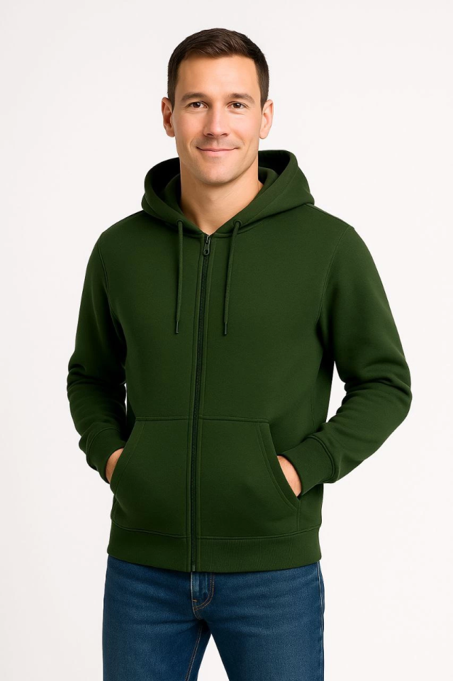 Men's Triple Thread Hooded Full Zip Kangaroo Pocket Sweatshirt Hoodie - Khaki