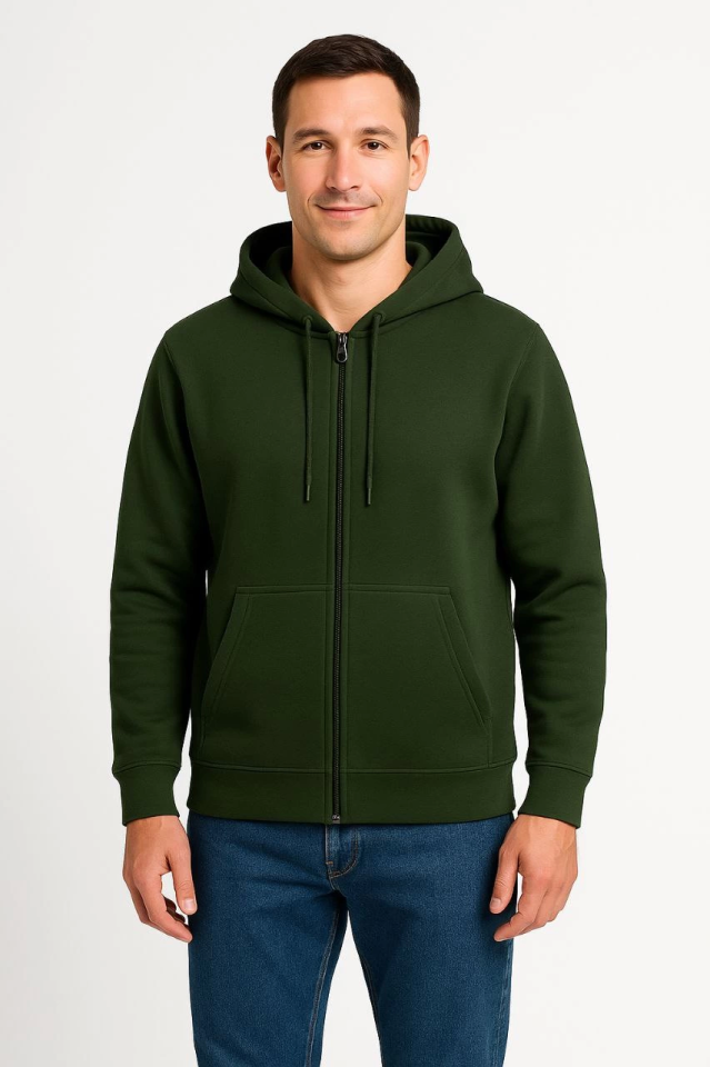 Men's Triple Thread Hooded Full Zip Kangaroo Pocket Sweatshirt Hoodie - Khaki