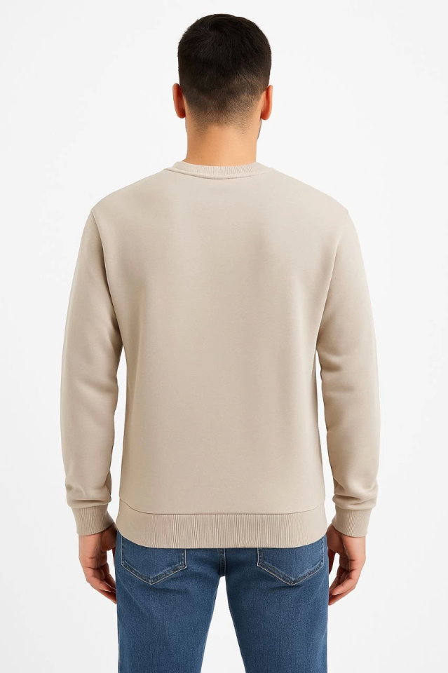 Men's Three-Thread Plain Crew Neck Sweatshirt - Beige