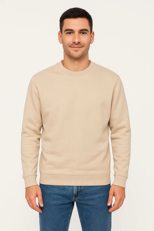 Men's Three-Thread Plain Crew Neck Sweatshirt - Beige