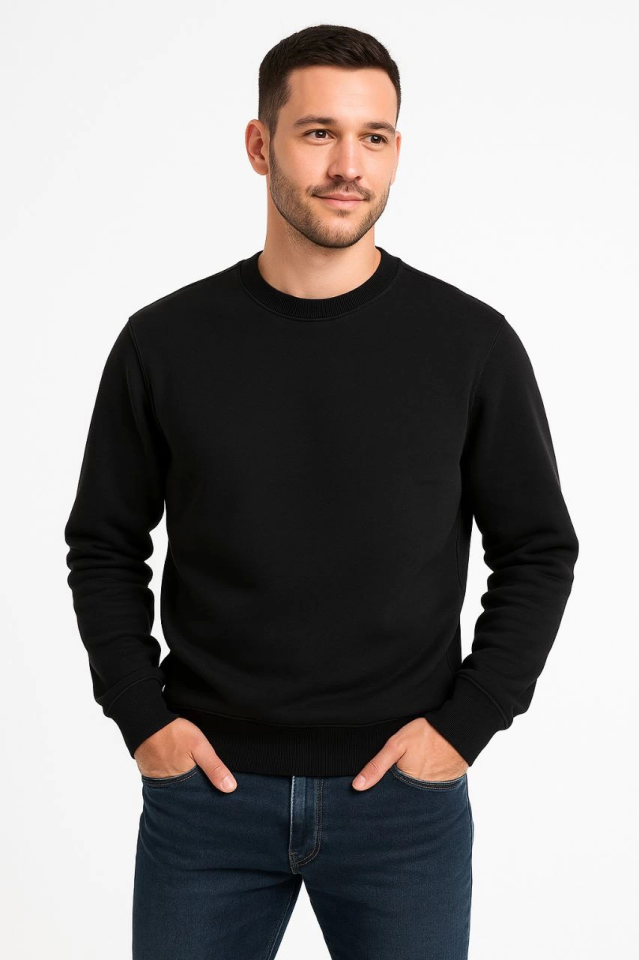 Erkek Üç İplik Düz Bisiklet Yaka SweatShirt - Siyah